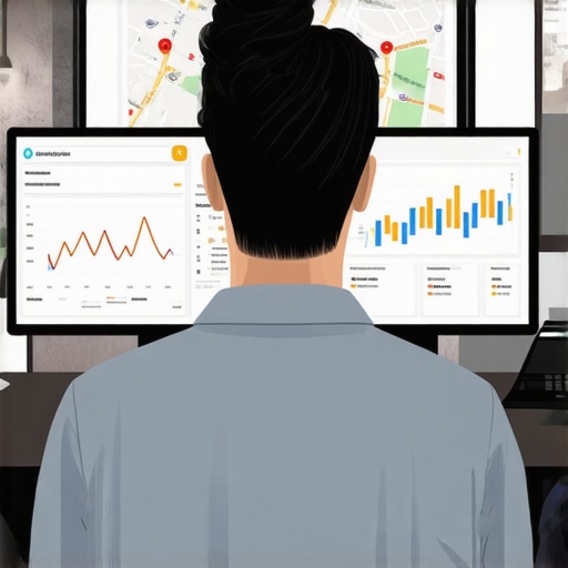 A person working on multiple screens displaying graphs, maps, and analytics for local SEO insights