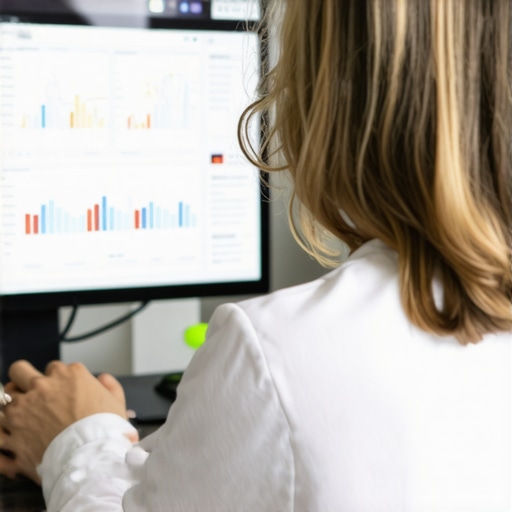 Business owner reviewing Google My Business analytics dashboard.