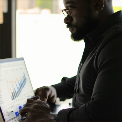 Business owner reviewing Google My Business analytics on laptop for local SEO optimization