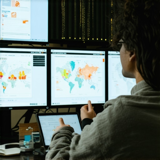 Person analyzing GMB tracking data with graphs and maps on screens in an office.
