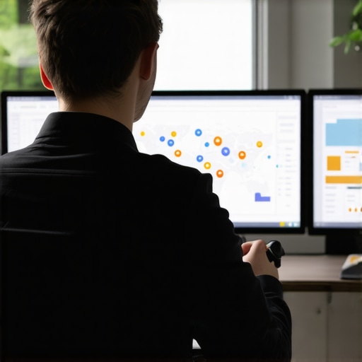 Expert Analyzing GMB Data for Local SEO SEO expert reviewing Google My Business analytics on computer screens