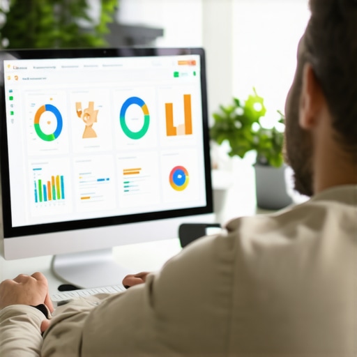 Analyzing GMB Metrics for Local SEO Success A person reviewing GMB analytics on a computer, with colorful charts and graphs showing local search performance.