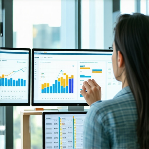 Data Analyst Reviewing GMB Metrics A digital marketing analyst examining Google My Business analytics on multiple monitors.