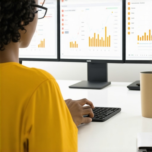 Digital marketer analyzing GMB tracking metrics on screens.