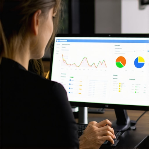 A marketer reviewing GMB ranking tracking dashboards on a monitor, with graphs and charts showing progress