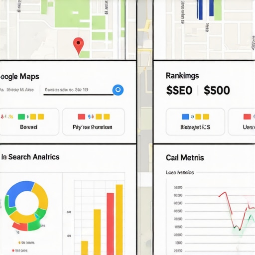A digital dashboard displaying local SEO metrics and Google Maps rankings.