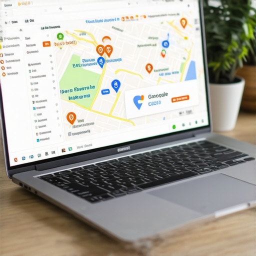 Desk setup with laptop showing Google Maps and SEO analytics for local business ranking.