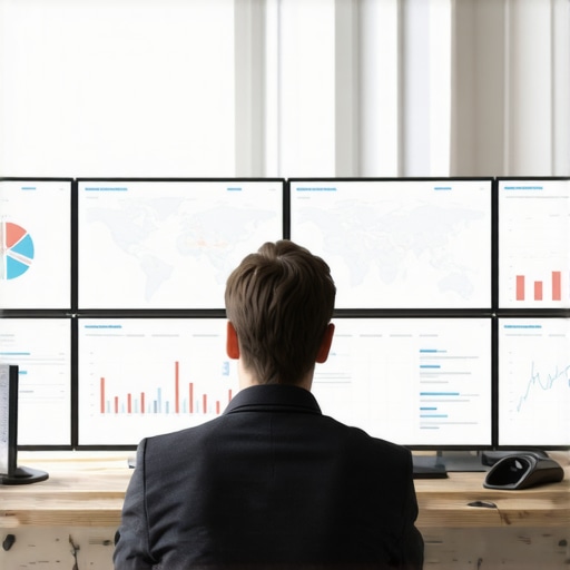 Person reviewing local SEO and GMB analytics on multiple monitors in an office