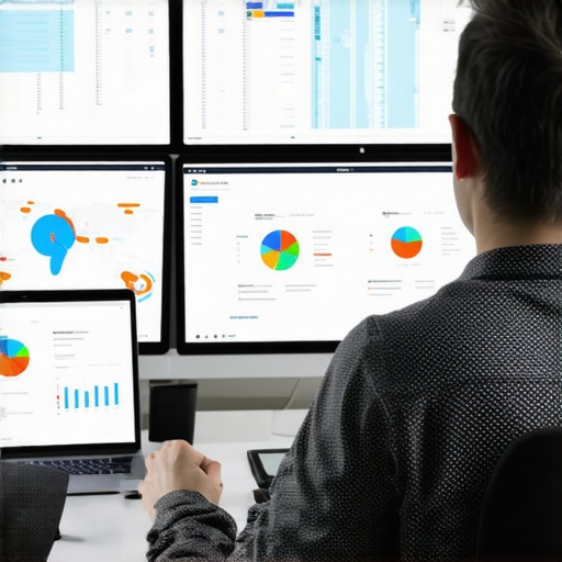 An individual reviewing SEO and map ranking analytics on dual monitors