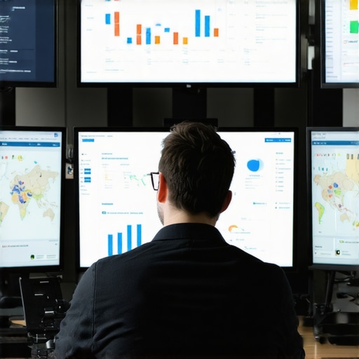 Person analyzing local SEO and Google Maps rankings on multiple screens in an office