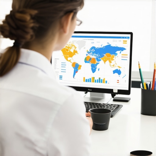 A professional reviewing maps and SEO analytics on a computer