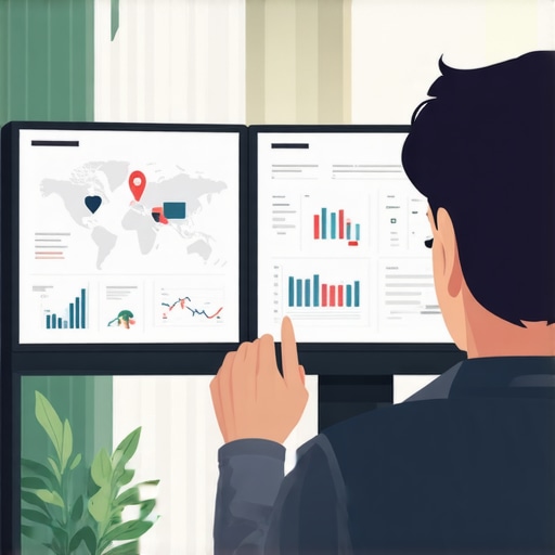 Person analyzing SEO metrics and maps on multiple screens.