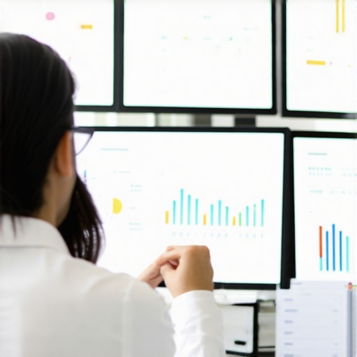 Person reviewing Google My Business analytics on multiple monitors