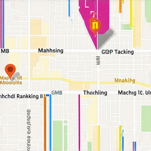 Digital map with data analytics overlay showing GMB tracking and location pins