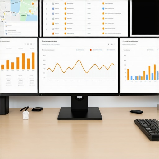 Monitoring Local SEO Performance A desk with screens displaying local SEO analytics and maps rankings.