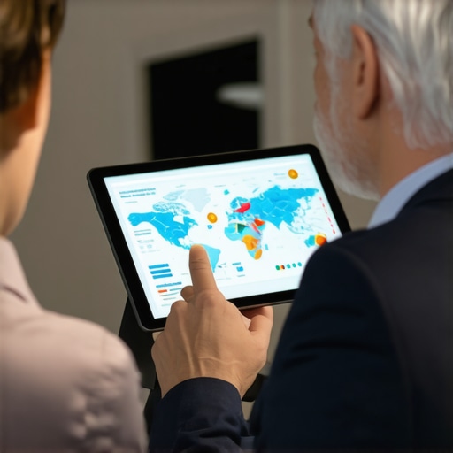 Business professional reviewing website navigation and SEO data on tablet.