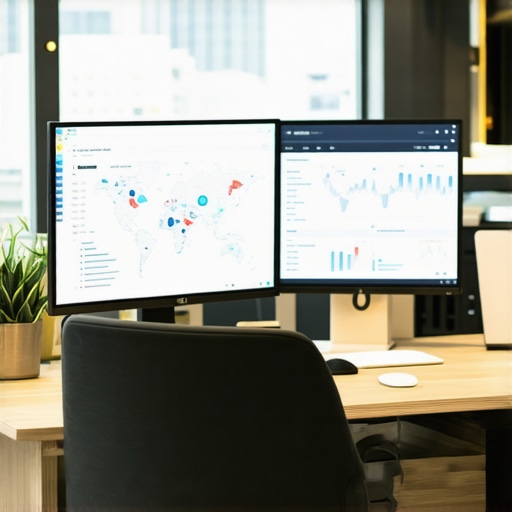 SEO Analytics Workspace Computer screen showing local SEO and maps ranking dashboards.