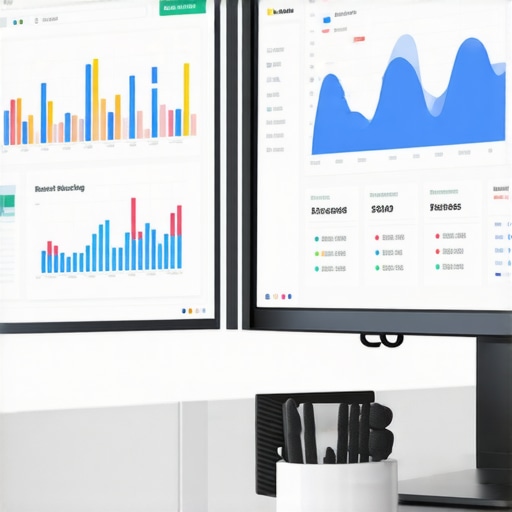 A workspace with SEO software open on a computer monitor, displaying ranking and audit data.