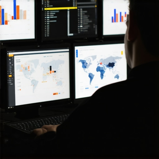 Person reviewing local SEO data on computer screens with maps and analytics charts.