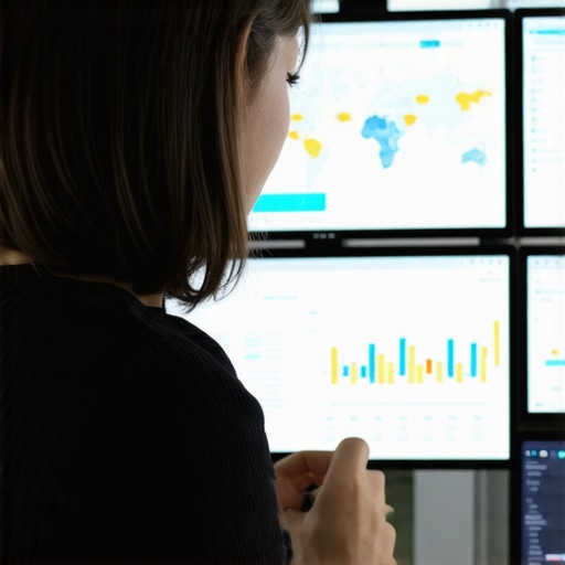 Analyzing Local SEO Data Person reviewing SEO metrics and maps on computer screens for local SEO optimization.