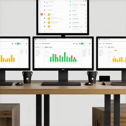 A modern workspace with multiple monitors displaying SEO dashboards and tracking analytics.
