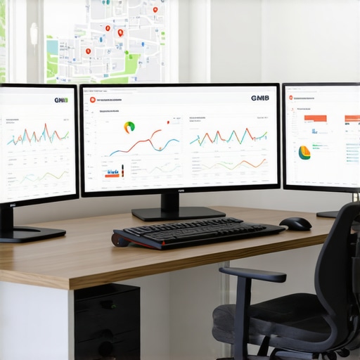 Person analyzing maps ranking data on dual monitors with SEO tools and GMB dashboards.