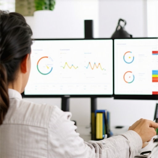 Business owner reviewing SEO analytics and map rankings on dual monitors.