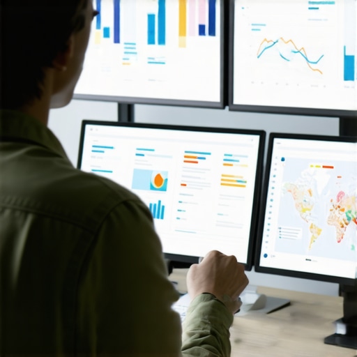 Person reviewing analytics dashboards on screens showing maps and SEO metrics.