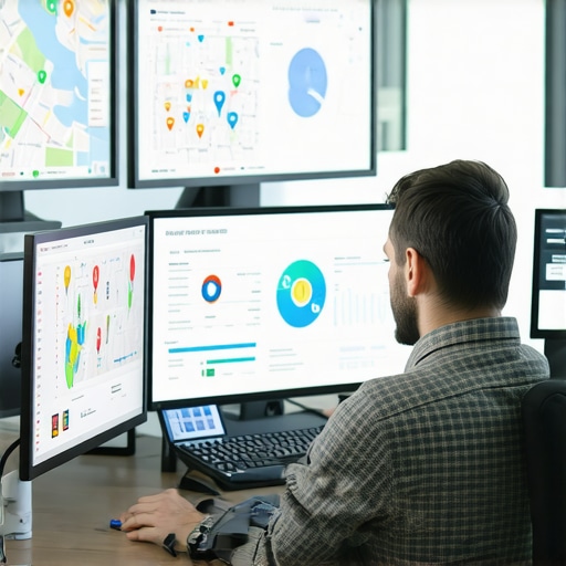 Business analyst overseeing maps ranking analytics on multiple screens, symbolizing ongoing maintenance