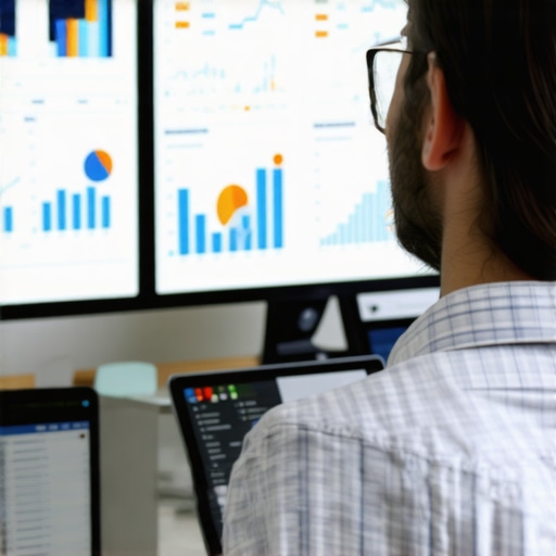 SEO Monitoring Dashboard A person reviewing local SEO and GMB tracking metrics on various digital screens