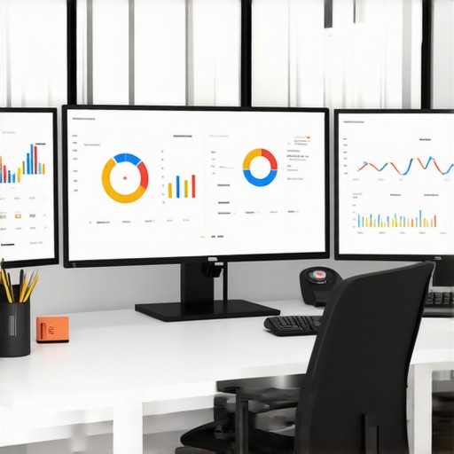 A workspace with screens showing SEO analytics and GMB tracking dashboards.