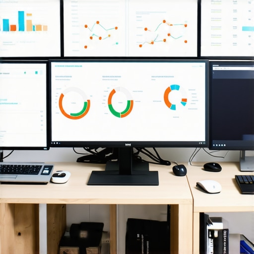 A person managing local SEO data on multiple computer screens with graphs and maps.