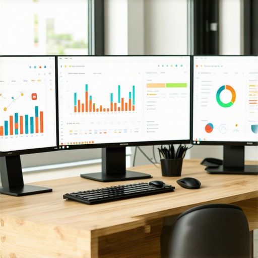 Screenshot of SEO tools and GMB analytics dashboards on dual computer screens.